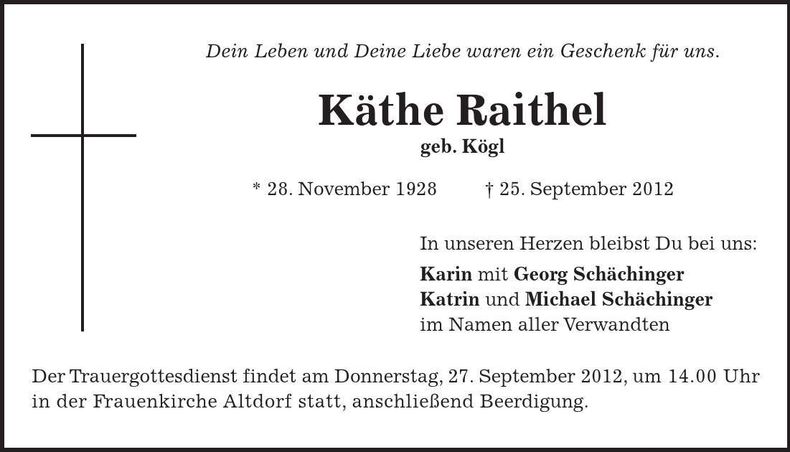 Traueranzeige Käthe Raithel