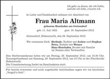 Traueranzeige Maria Altmann