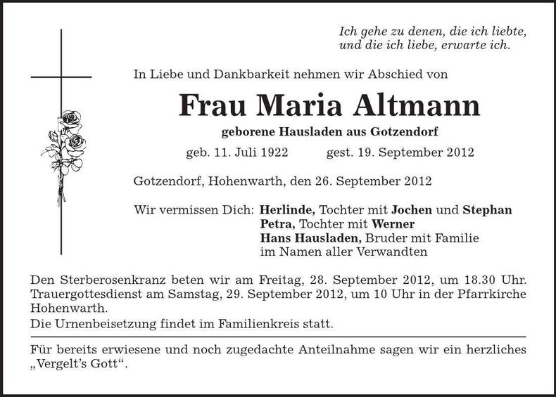Traueranzeige Maria Altmann