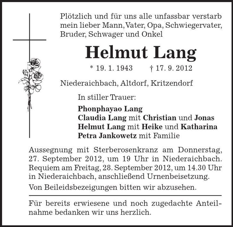 Traueranzeige Helmut Lang