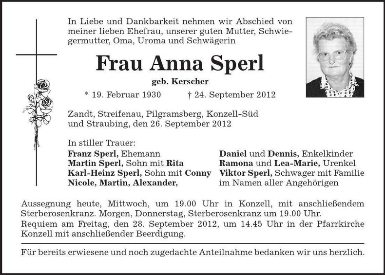 Traueranzeige Anna Sperl