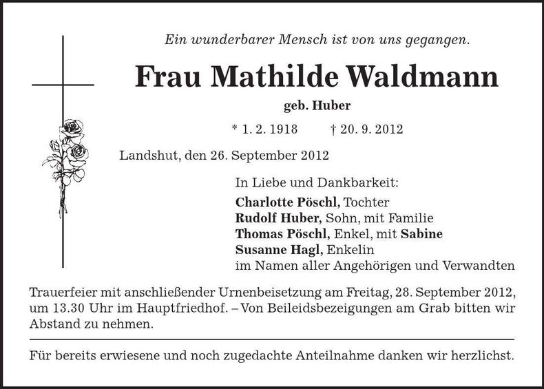 Traueranzeige Mathilde Waldmann