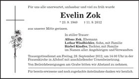 Traueranzeige Evelin Zok