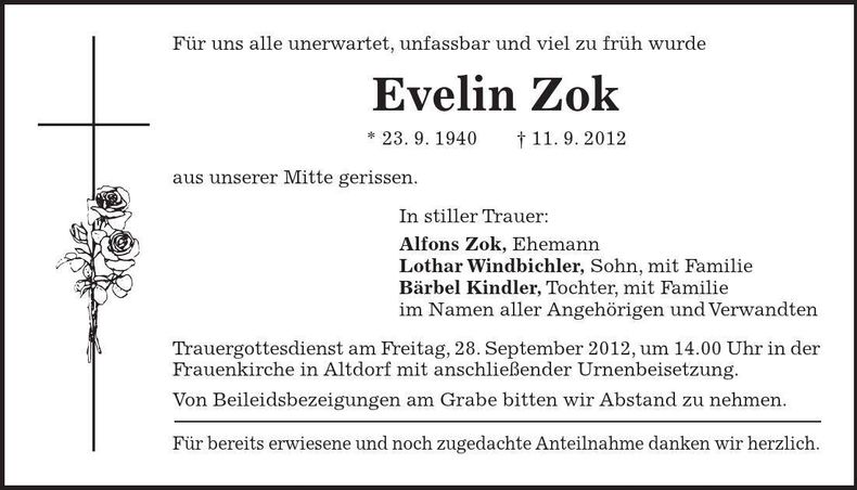 Traueranzeige Evelin Zok