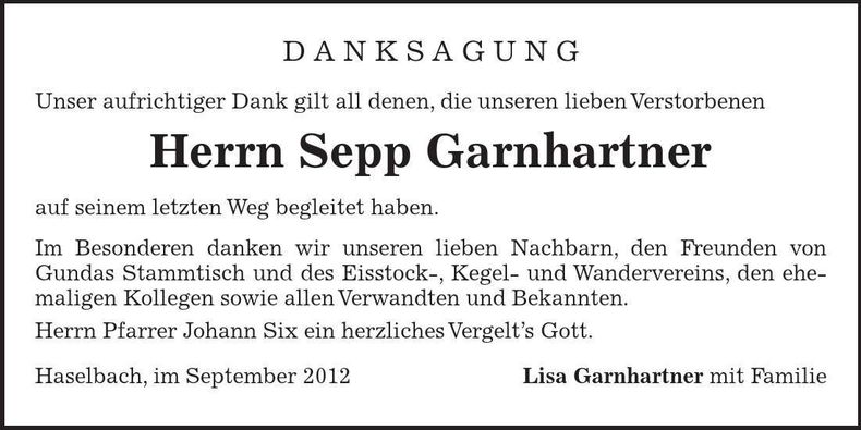 Traueranzeige Sepp Garnhartner