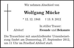 Traueranzeige Wolfgang Mücke