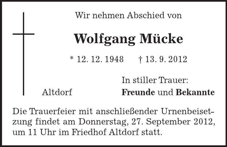 Traueranzeige Wolfgang Mücke