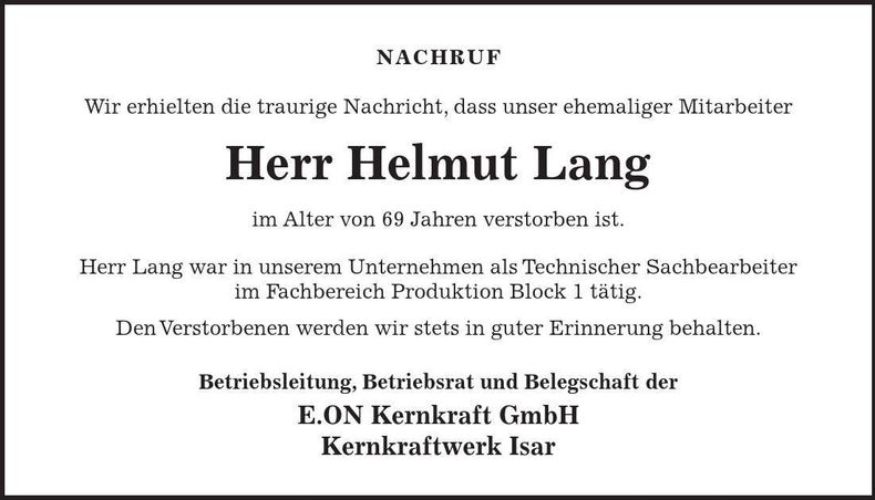 Traueranzeige Helmut Lang