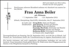 Traueranzeige Anna Beiler