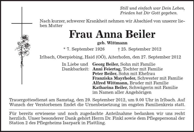 Traueranzeige Anna Beiler