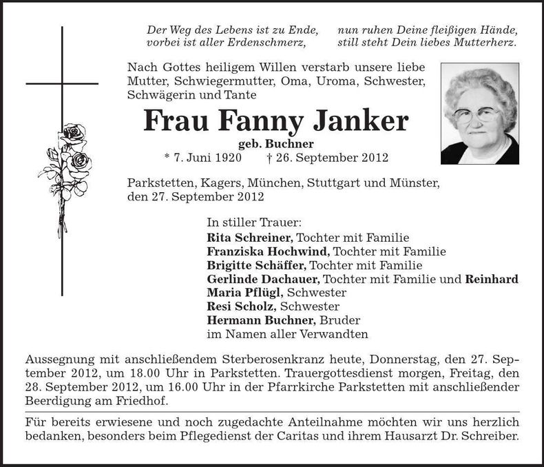 Traueranzeige Fanny Janker