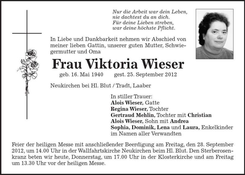 Traueranzeige Viktoria Wieser