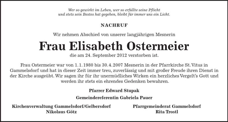 Traueranzeige Elisabeth Ostermeier