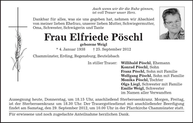 Traueranzeige Elfriede Pöschl