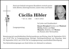 Traueranzeige Cäzilia Hibler