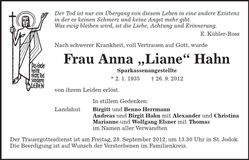 Traueranzeige Anna "Liane" Hahn