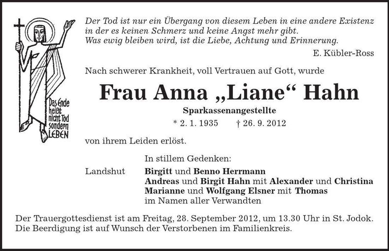 Traueranzeige Anna "Liane" Hahn