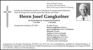 Traueranzeige Josef Gangkofner