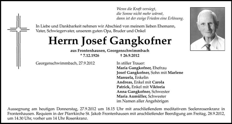 Traueranzeige Josef Gangkofner