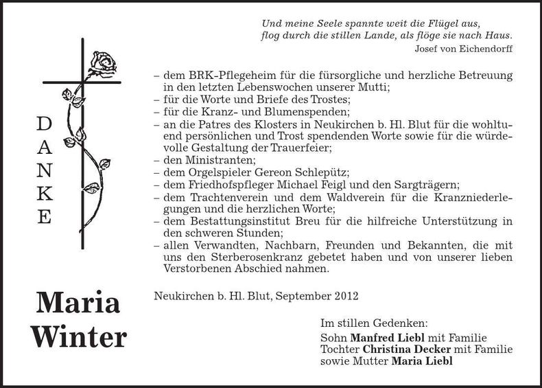 Traueranzeige Maria Winter