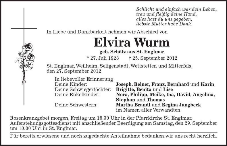 Traueranzeige Elvira Wurm