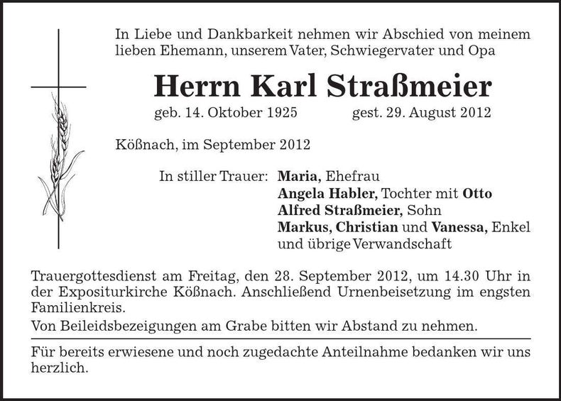 Traueranzeige Karl Straßmeier