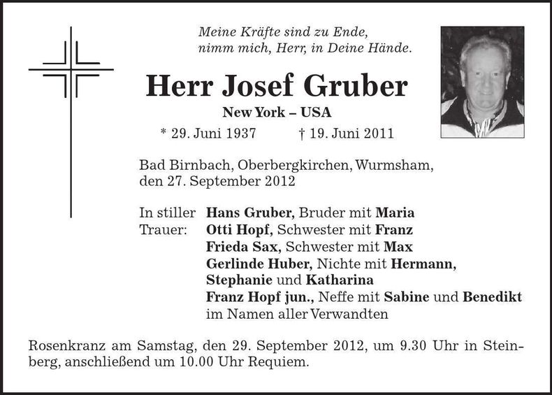 Traueranzeige Josef Gruber
