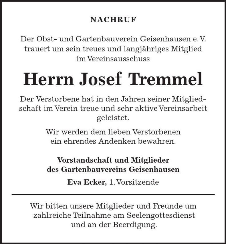 Traueranzeige Josef Tremmel