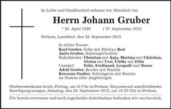 Traueranzeige Johann Gruber