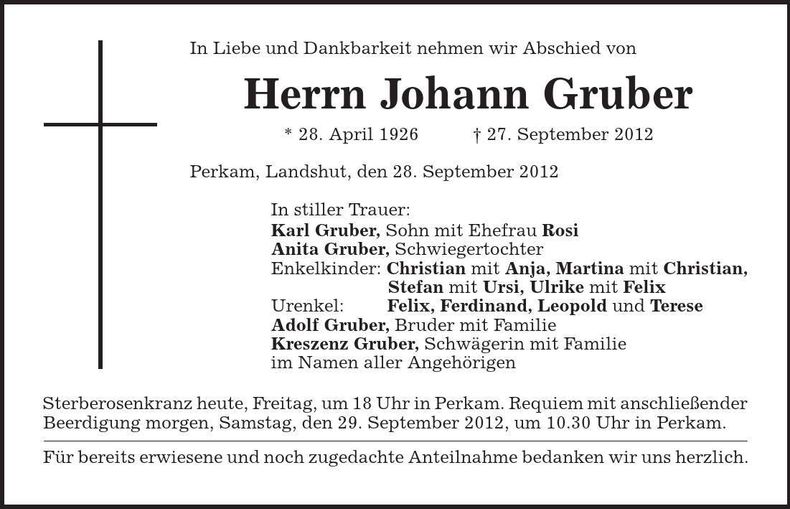 Traueranzeige Johann Gruber