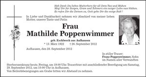 Traueranzeige Mathilde Poppenwimmer