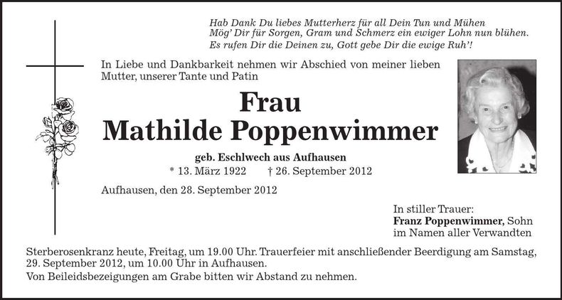 Traueranzeige Mathilde Poppenwimmer