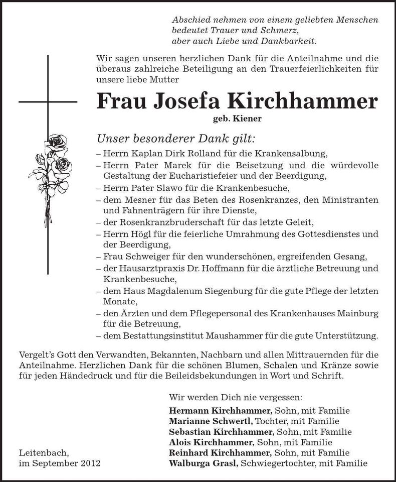 Traueranzeige Josefa Kirchhammer