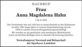 Traueranzeige Anna Magdalena Hahn