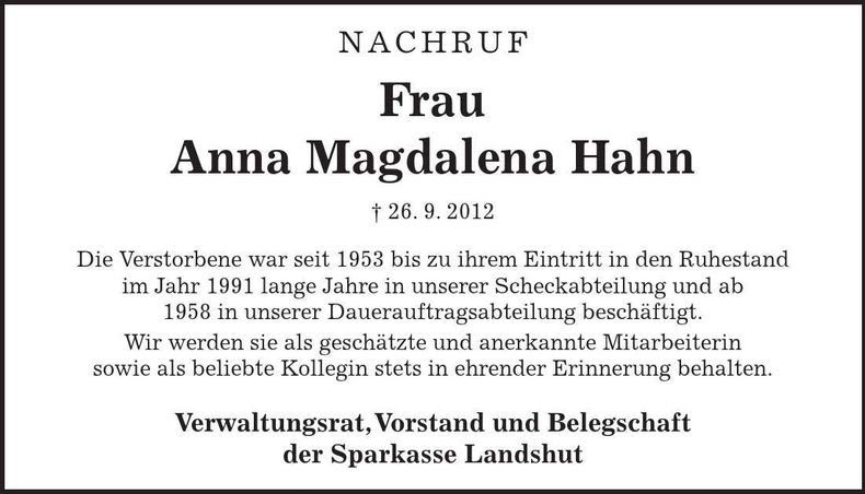 Traueranzeige Anna Magdalena Hahn
