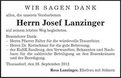 Traueranzeige Josef Lanzinger
