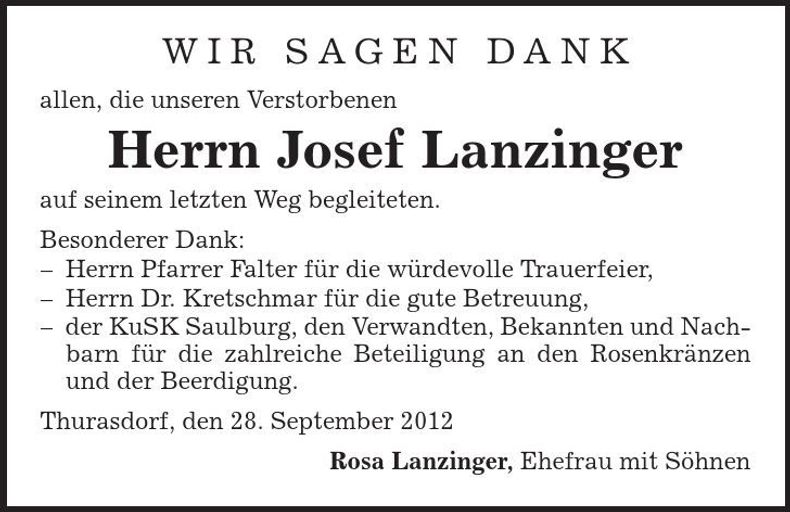 Traueranzeige Josef Lanzinger