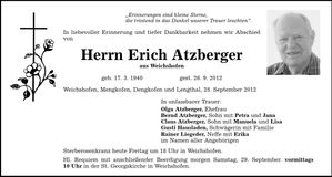 Traueranzeige Erich Atzberger