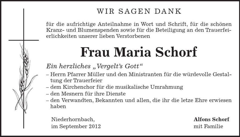 Traueranzeige Maria Schorf