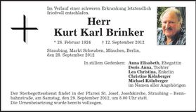 Traueranzeige Kurt Karl Brinker