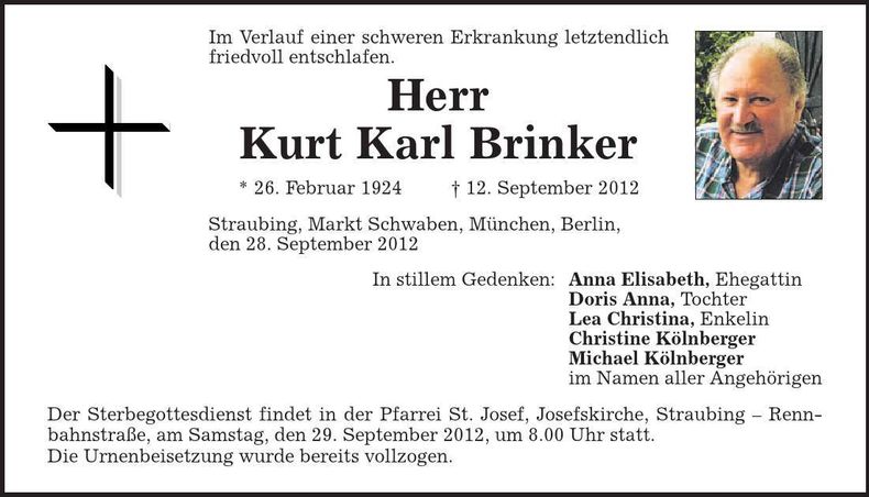 Traueranzeige Kurt Karl Brinker