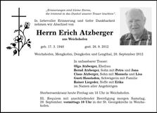 Traueranzeige Erich Atzberger