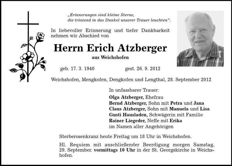 Traueranzeige Erich Atzberger