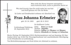 Traueranzeige Johanna Erlmeier