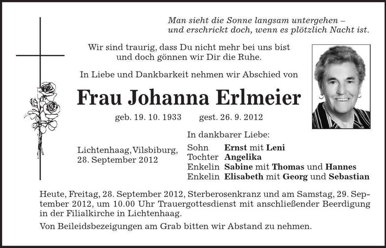Traueranzeige Johanna Erlmeier