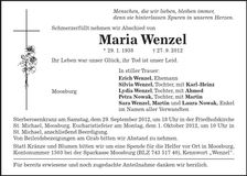 Traueranzeige Maria Wenzel