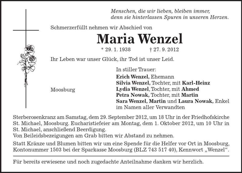 Traueranzeige Maria Wenzel