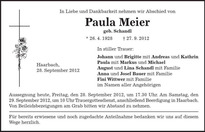 Traueranzeige Paula Meier