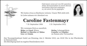 Traueranzeige Caroline Fastenmayr