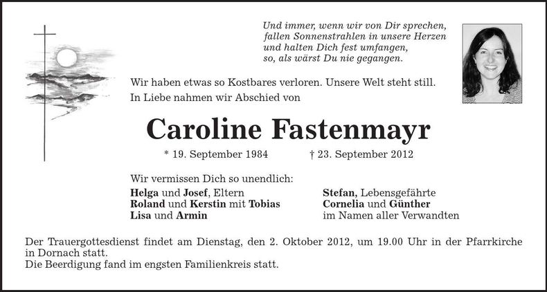 Traueranzeige Caroline Fastenmayr
